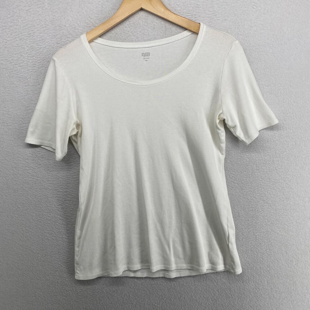 EILEEN FISHER Top PM Organic Cotton Ribbed Jersey Scoop Neck Short Sleeve White
